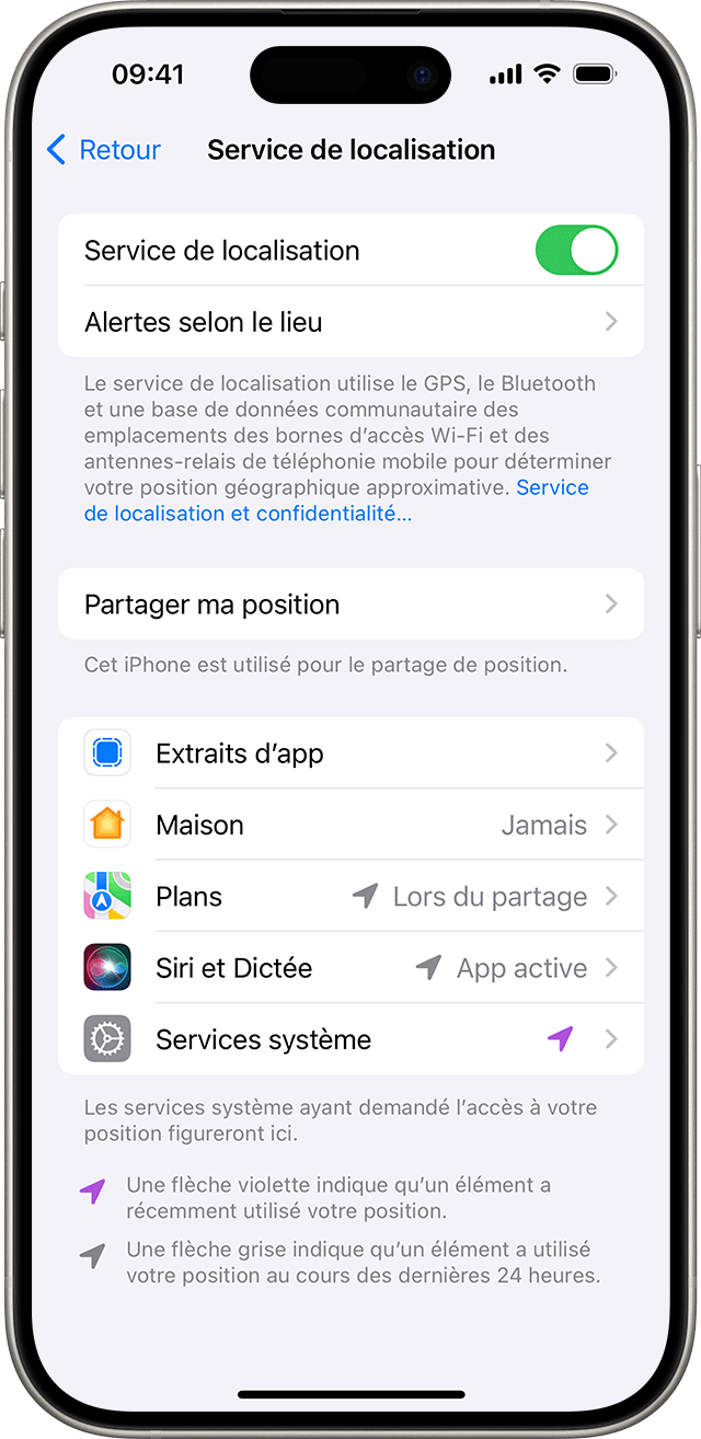 Dans Réglages > Confidentialité et sécurité > Service de localisation, vous pouvez modifier la façon dont les apps individuelles peuvent utiliser votre localisation.