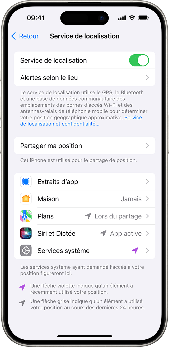 Dans Réglages > Confidentialité et sécurité > Service de localisation, vous pouvez modifier la façon dont les apps individuelles peuvent utiliser votre localisation.