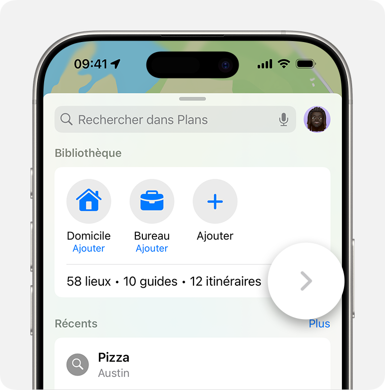 La bibliothèque Lieux de l’app Plans d’iOS 18 vous permet d’accéder rapidement à l’adresse de votre domicile, de votre bureau ou aux autres adresses que vous avez enregistrées.