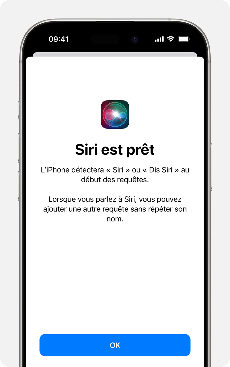 L’écran « Siri est prêt », affiché en mode sombre