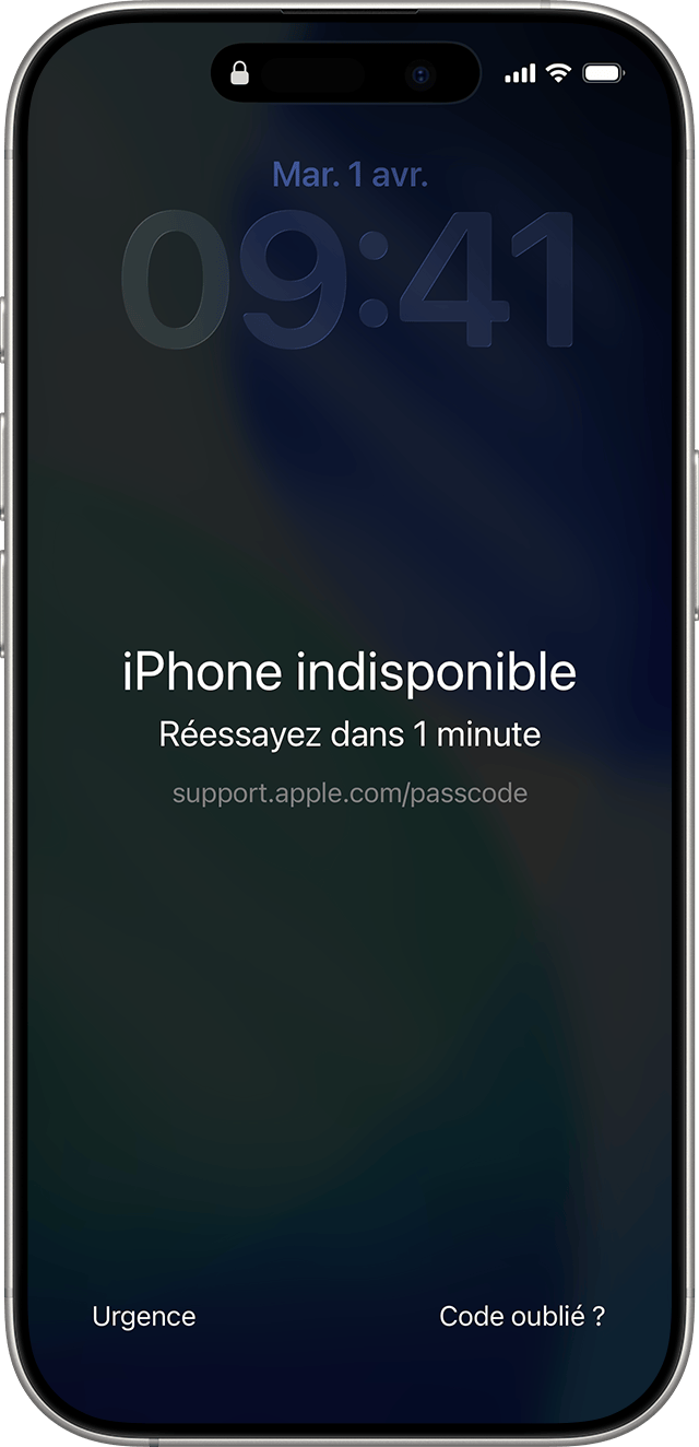 L’écran iPhone indisponible sous iOS 17 ou version ultérieure comprend une option « Code oublié ? ».