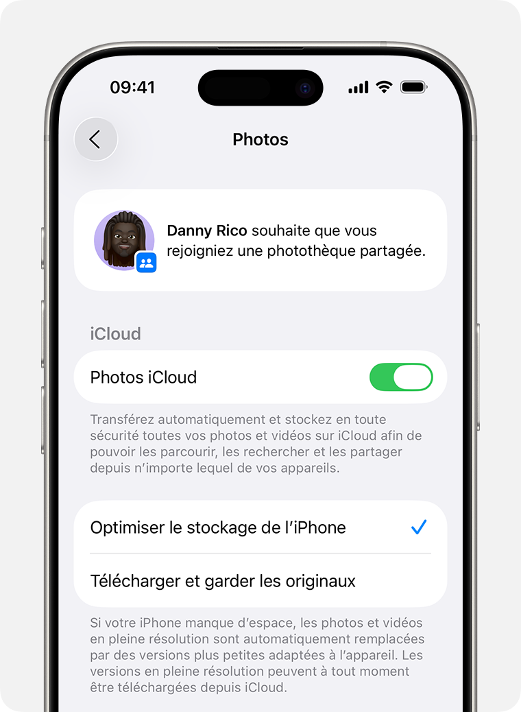 Si vous avez reçu une invitation à rejoindre une photothèque partagée, celle-ci doit apparaître en haut de la section Photos des réglages de votre appareil, sous « Invitation à la photothèque partagée ».