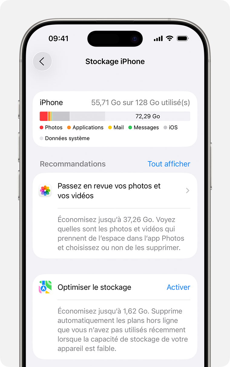 Recommandations de stockage dans l’app Réglages de l’iPhone