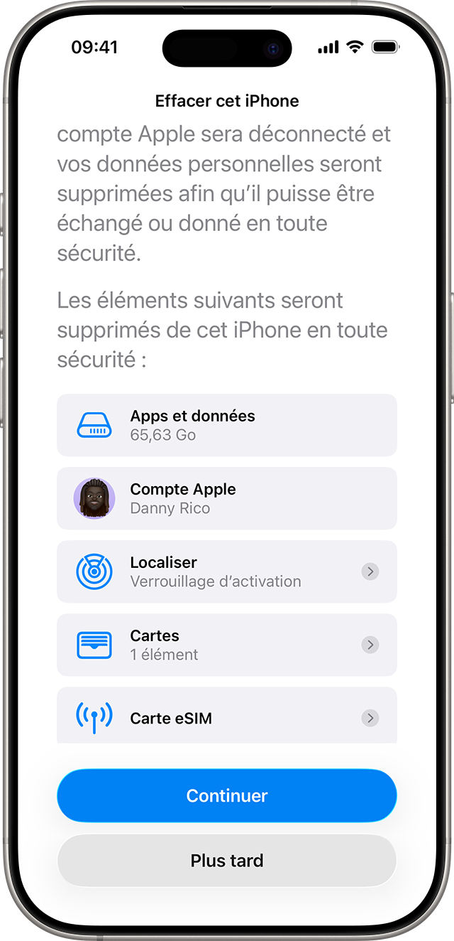 Écran Effacer cet iPhone avec une liste d’éléments qui seront supprimés de l’iPhone en toute sécurité.