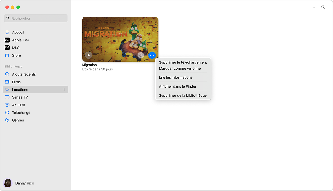 L’app Apple TV pour Mac affichant le menu du bouton Plus sur un article acheté