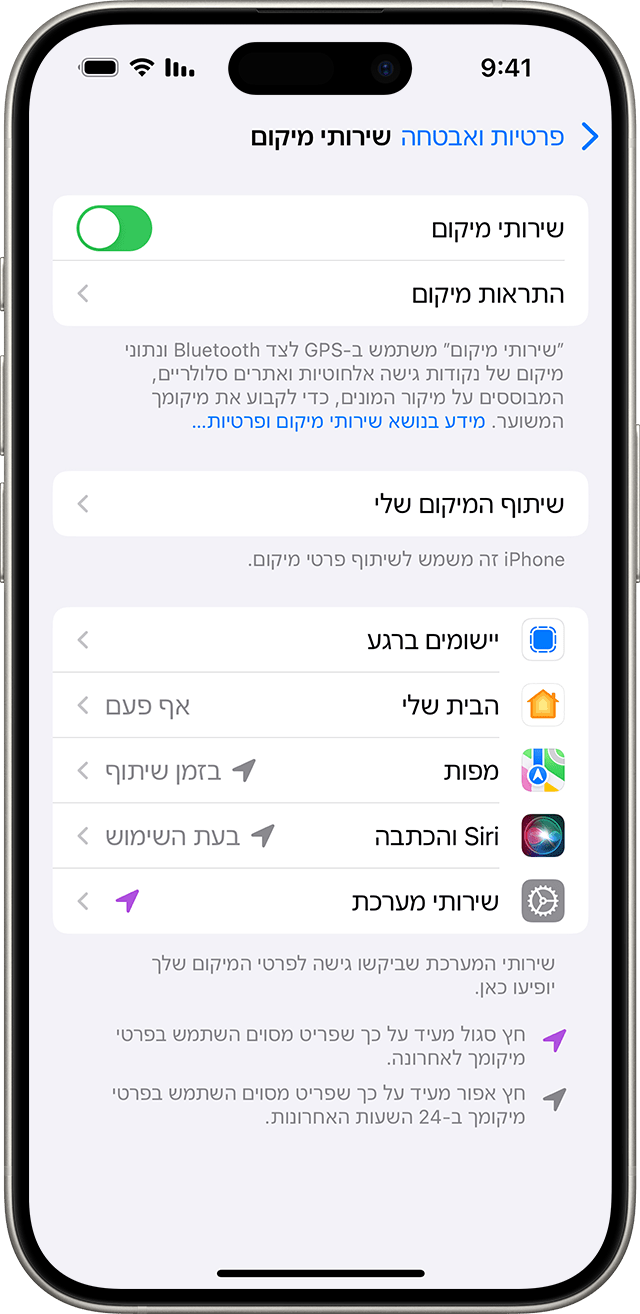 כשתעברו אל 'הגדרות' > 'פרטיות ואבטחה' > 'שירותי מיקום', תוכלו לשנות את האופן שבו יישומים נפרדים יכולים להשתמש במיקום שלכם.