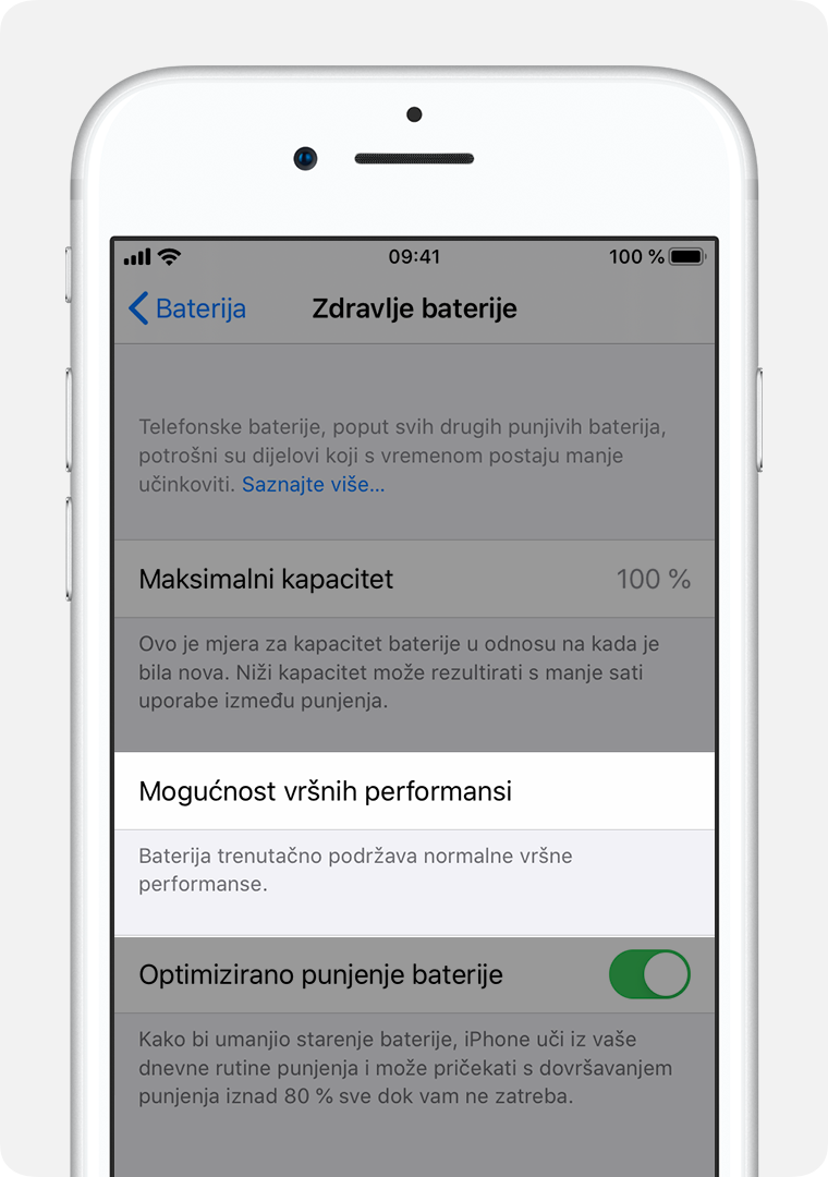 Zaslon Stanje baterije s istaknutom stavkom Mogućnost performansi.