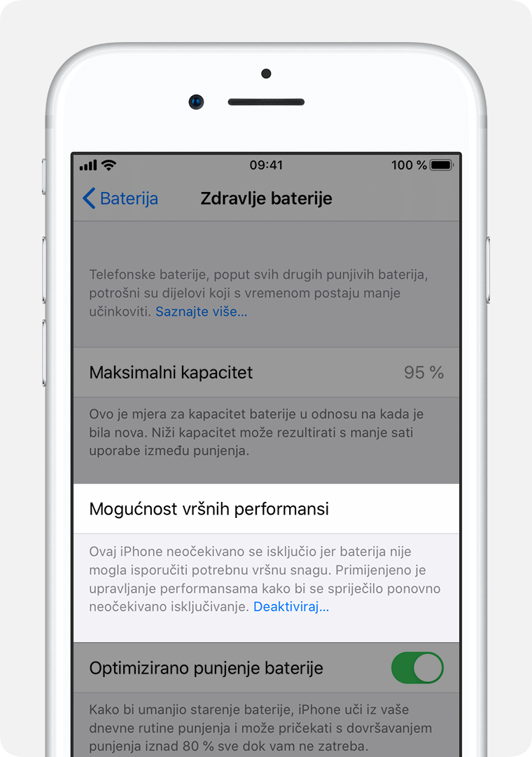 Zaslon Stanje baterije s istaknutom stavkom Mogućnost performansi.