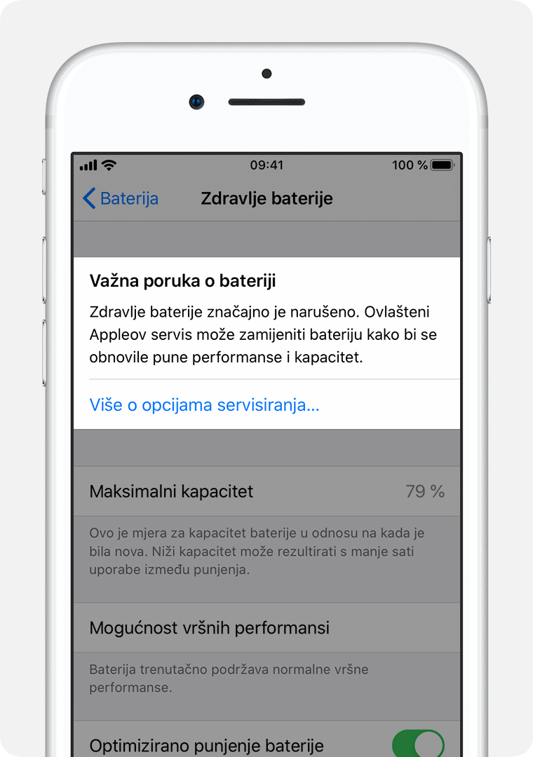 Zaslon Stanje baterije s istaknutom stavkom Važna poruka o bateriji.