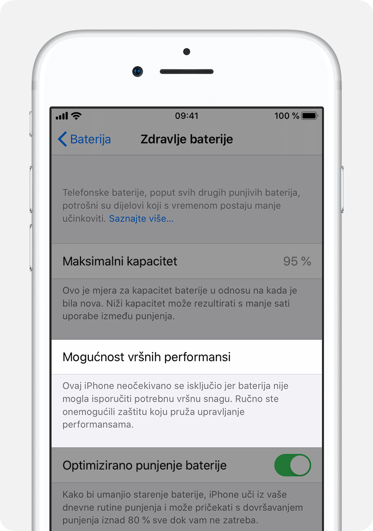 Zaslon Stanje baterije s istaknutom stavkom Mogućnost performansi.