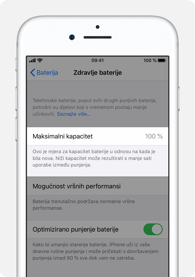 Zaslon Stanje baterije s istaknutom stavkom Maksimalni kapacitet.