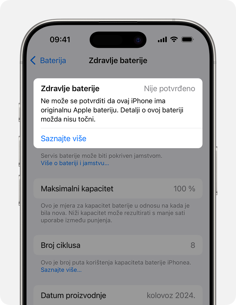 Zaslon Stanje baterije s istaknutom stavkom Stanje baterije.