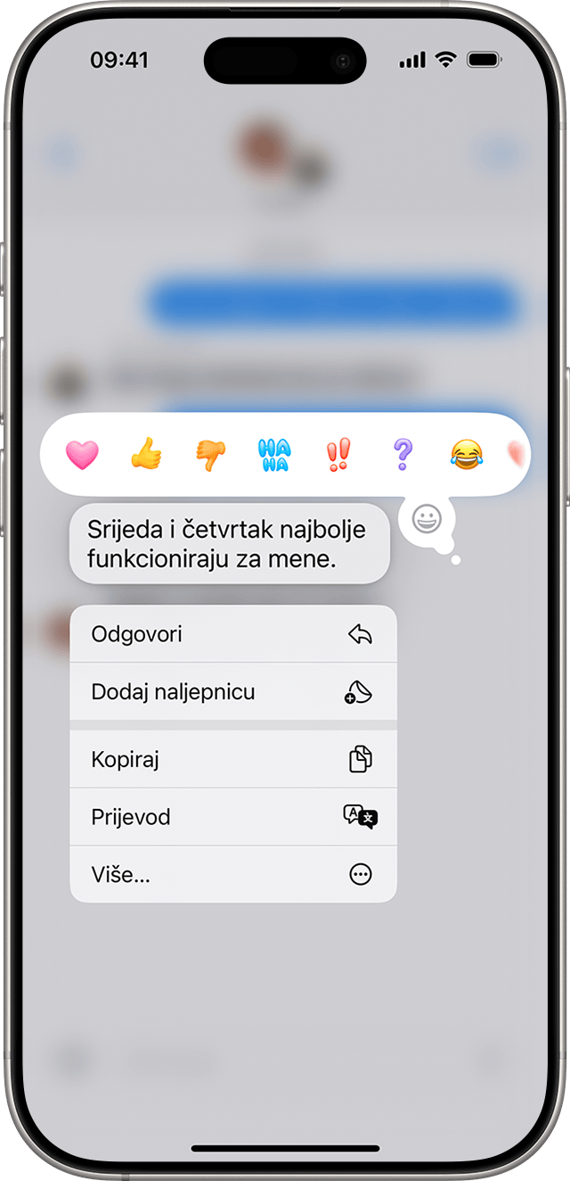Na iPhone uređaju prikazuje se izbornik za uvrštavanje odgovora nakon što dodirnete i držite oblačić poruke da biste poslali uvršteni odgovor