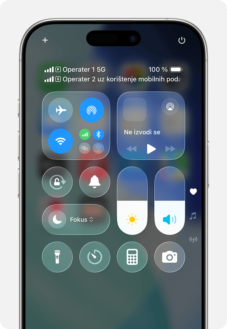 Statusna traka prikazuje da Operater 1 upotrebljava 5G, a Operater 2 mobilne podatke Operatera 1.