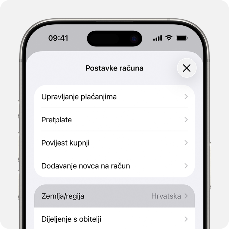 iPhone na kojem se prikazuje Država/regija u odjeljku Postavke računa.