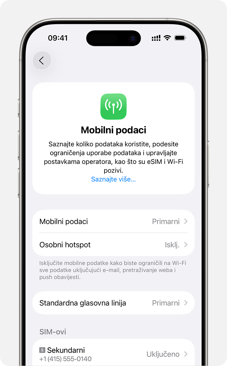 Zaslon iPhonea za upravljanje postavkama mobilne mreže za svaku od tarifa