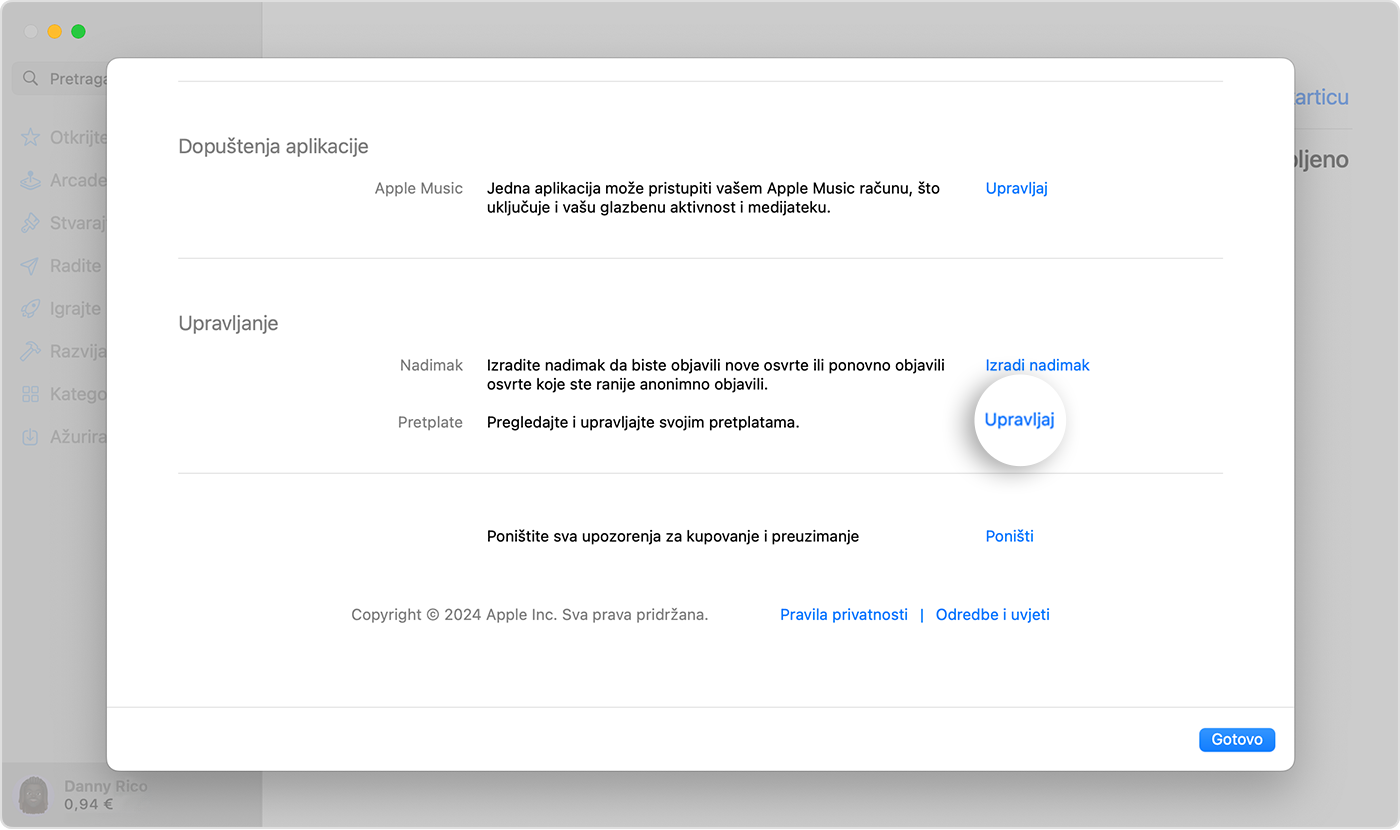 macOS zaslon koji prikazuje Upravljanje postavkama za pretplate u trgovini App Store. Da biste upravljali pretplatama, kliknite Upravljanje.