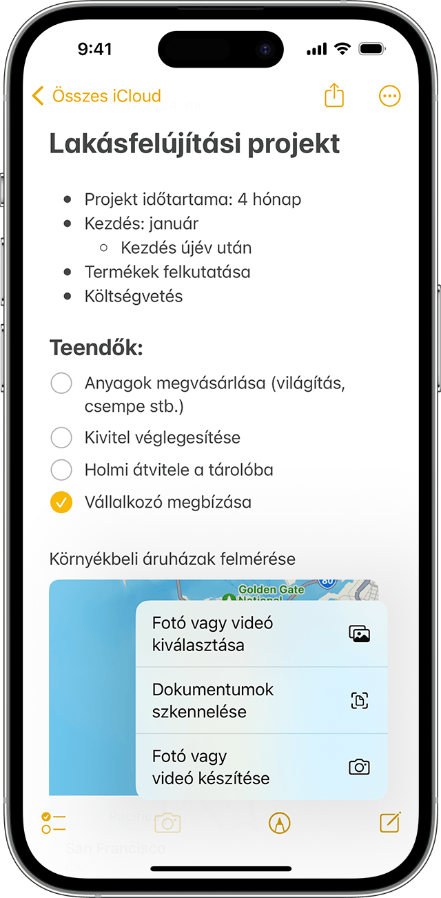 Fotó vagy videó hozzáadása egy jegyzethez a Jegyzetek alkalmazásban iPhone-on.