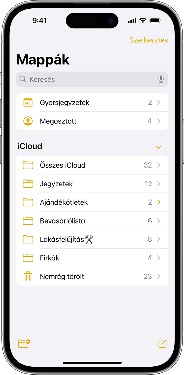 Mappa létrehozása a Jegyzetek appban iPhone-on.