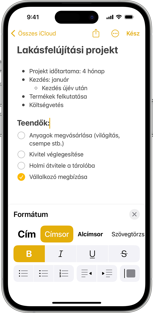 A Jegyzetek formázási beállításai iPhone-en