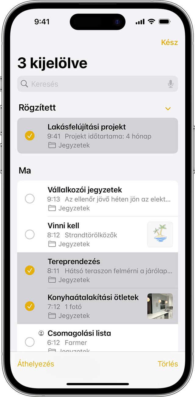 Jegyzet áthelyezése egy másik mappába a Jegyzetek appban iPhone-on.