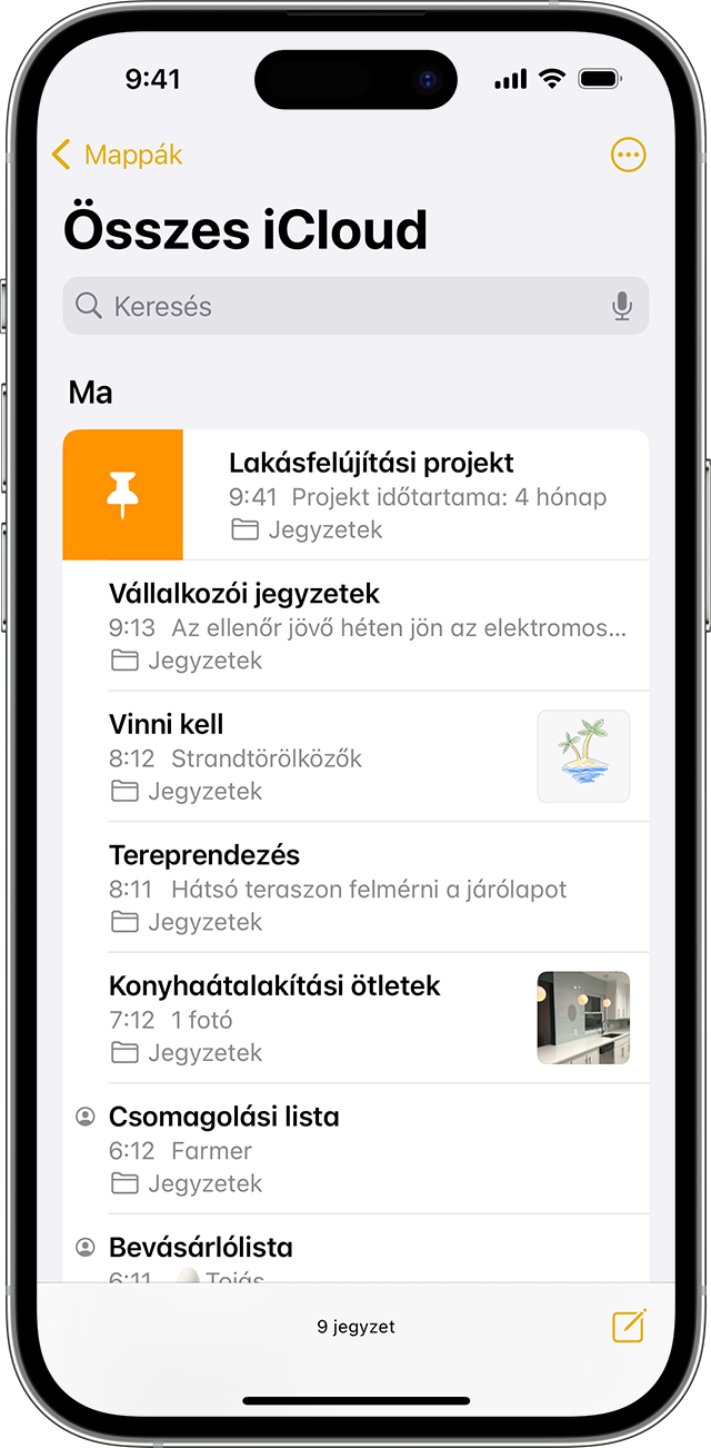 Jegyzet kitűzése a Jegyzetek alkalmazásban iPhone-on.