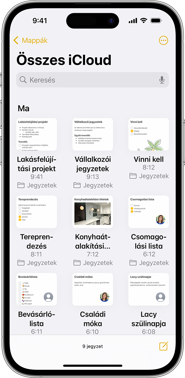 A jegyzetek Galéria nézete iPhone-on.