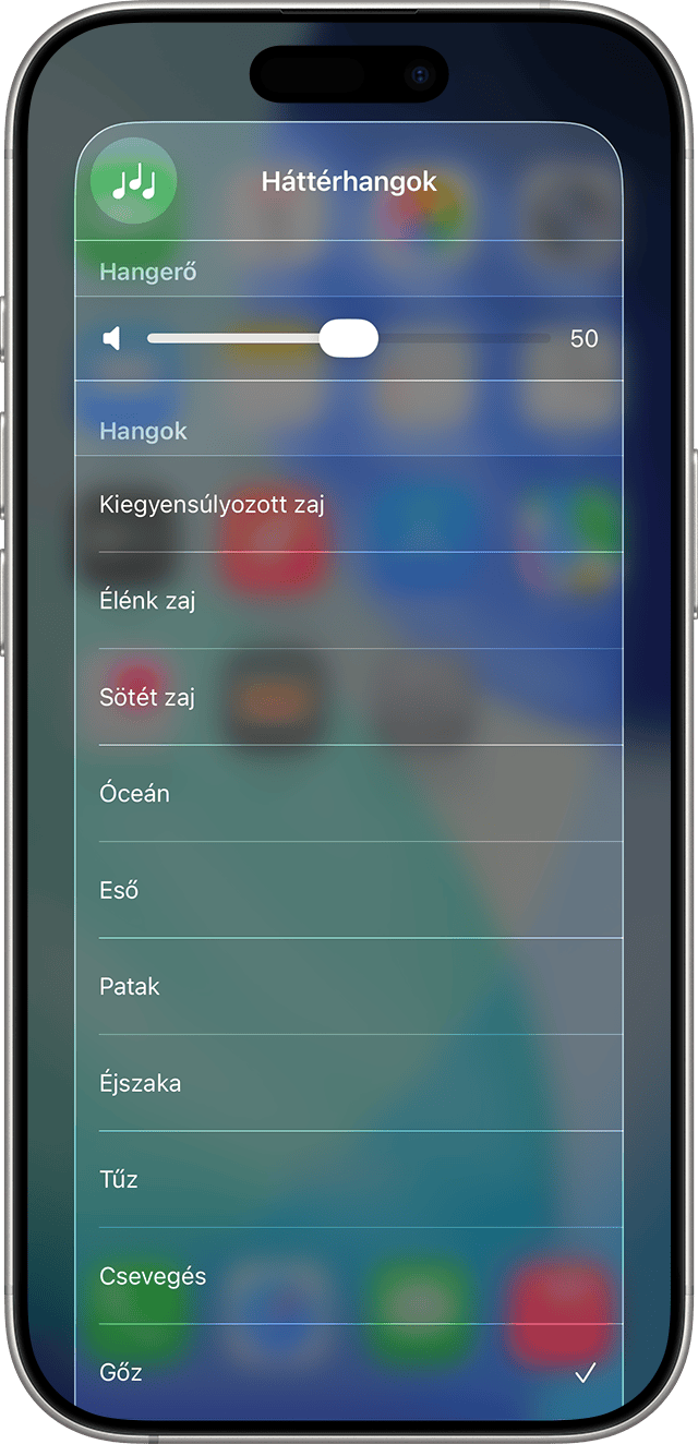 Egy iPhone, amelyen a Háttérhangok menü látható.