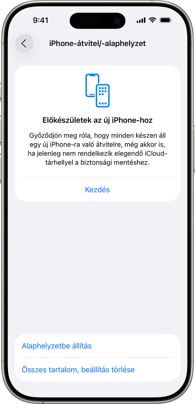 Az iPhone-átvitel/-alaphelyzet képernyő, ahol az Összes tartalom, beállítás törlése gomb látható.