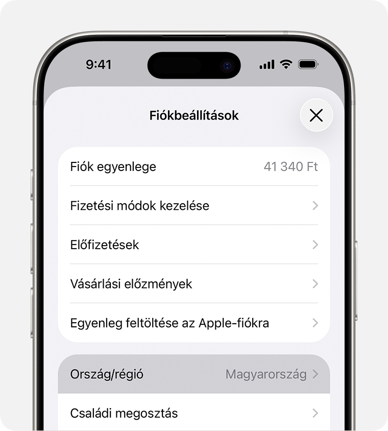 Egy iPhone, amelyen a Fiókbeállítások menü Ország/régió pontja látható.