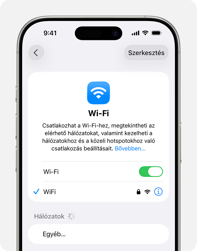 Egy iPhone, amelyen a Wi-Fi-beállításokban engedélyezve van a Wi-Fi, és egy kék pipa látható a Wi-Fi Secure felirat mellett.
