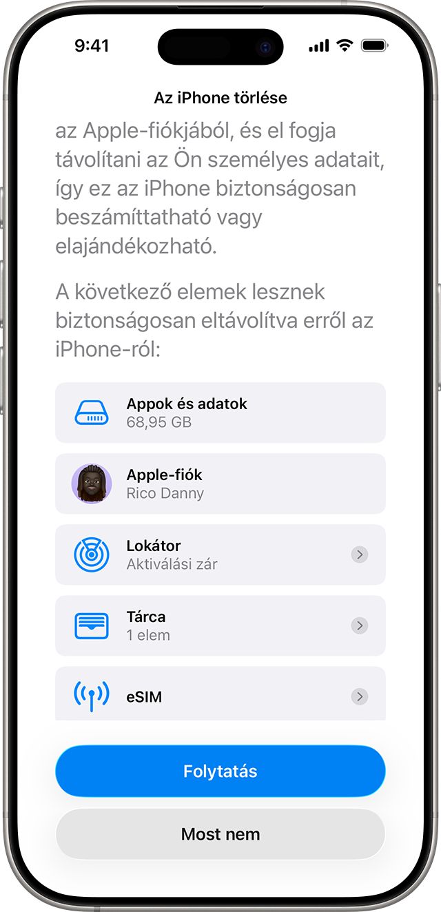 Az iPhone törlése képernyő, amelyen az iPhone-ról biztonságosan eltávolítandó elemek listája látható.