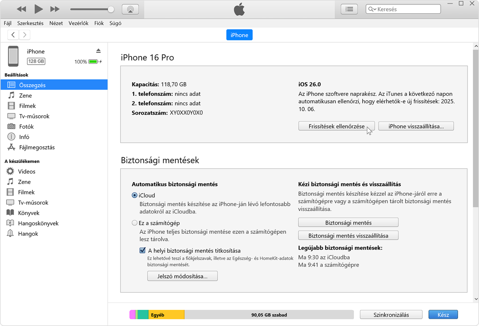 A kurzor az iTunes Összegzés lapján található „Frissítések keresése” gomb fölött áll.