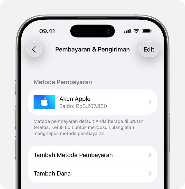 Layar iPhone yang menampilkan pengaturan Pembayaran & Pengiriman untuk Akun Apple. Untuk menambahkan metode pembayaran, ketuk Tambah Metode Pembayaran.