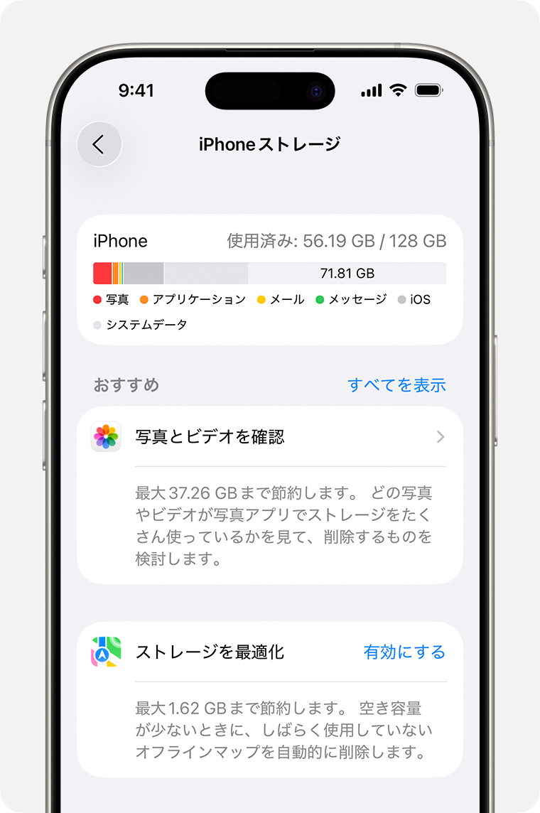 iPhoneの設定アプリにストレージに関するおすすめの方法が表示されているところ。