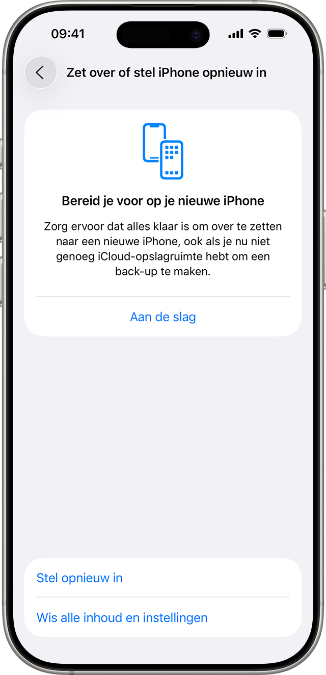 Scherm met 'Zet over of stel iPhone opnieuw in’ met de knop 'Wis alle inhoud en instellingen'.