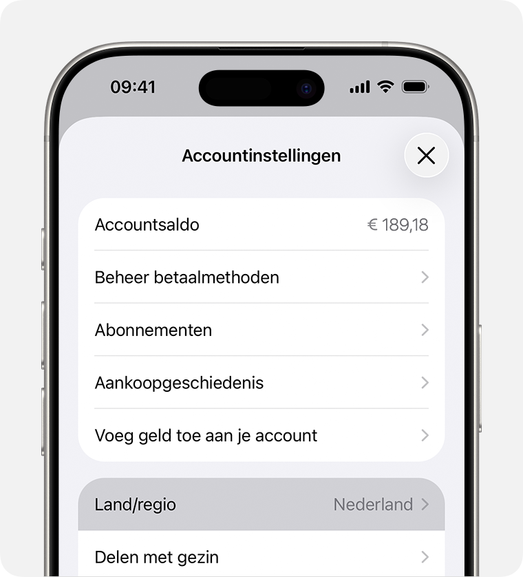 iPhone met land/regio in Accountinstellingen.