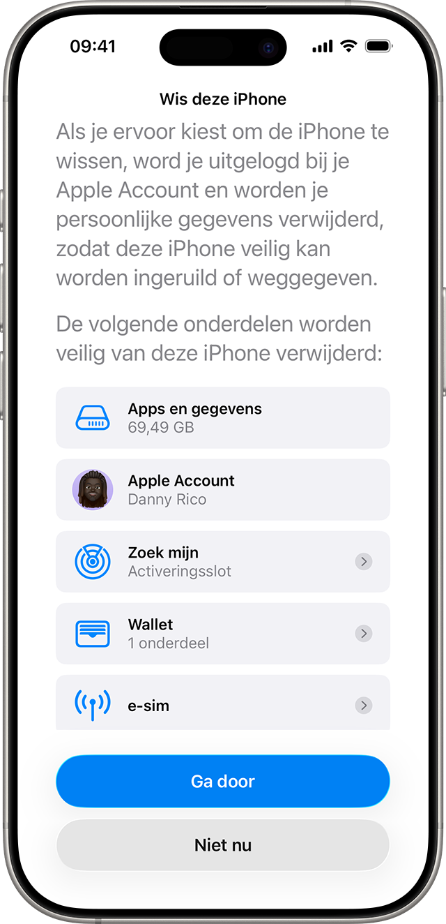 Scherm met 'Wis deze iPhone’ met een lijst met items die veilig van de iPhone worden verwijderd.