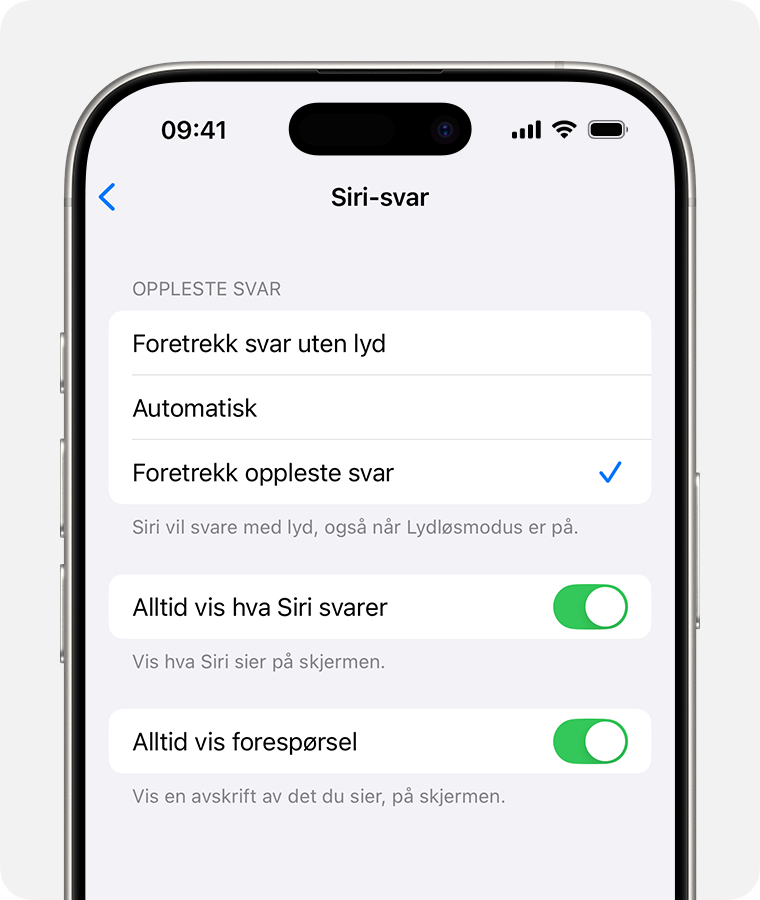 Skjerm med Siri-svar som viser «Foretrekk oppleste svar» valgt og alternativet «Alltid vis forespørsel» slått på