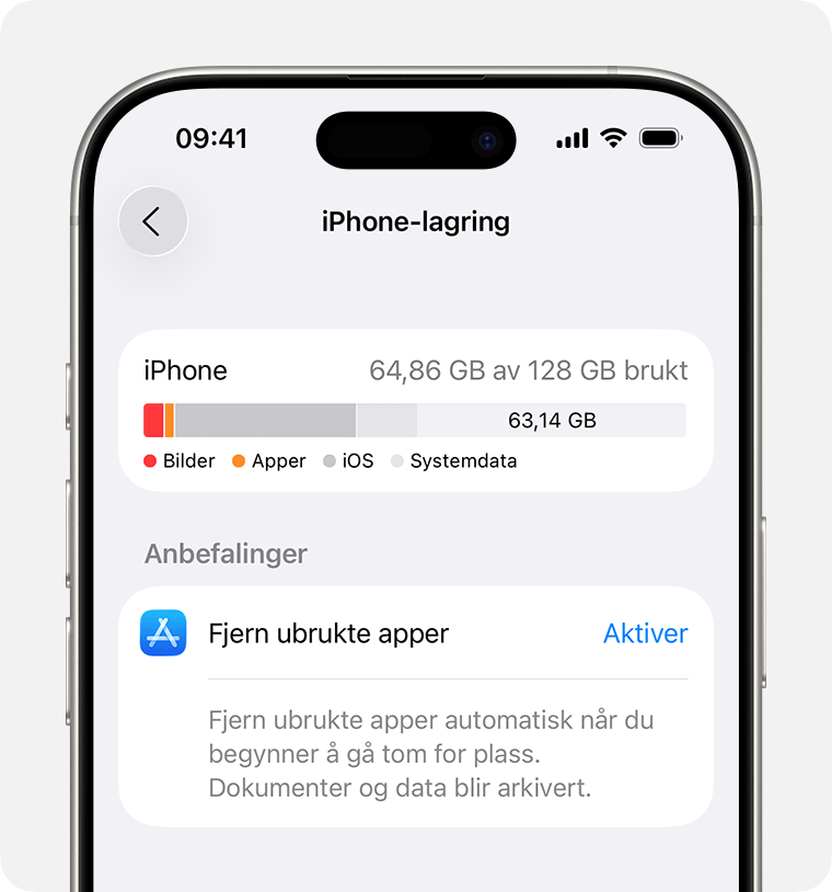 Anbefaling om å fjerne ubrukte apper i innstillingene for iPhone-lagring