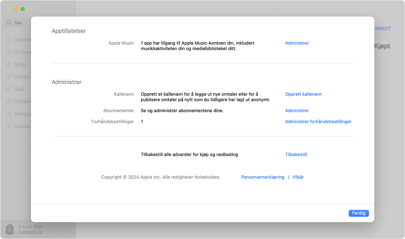 App Store på Mac som viser Forhåndsbestillinger i Kontoinnstillinger