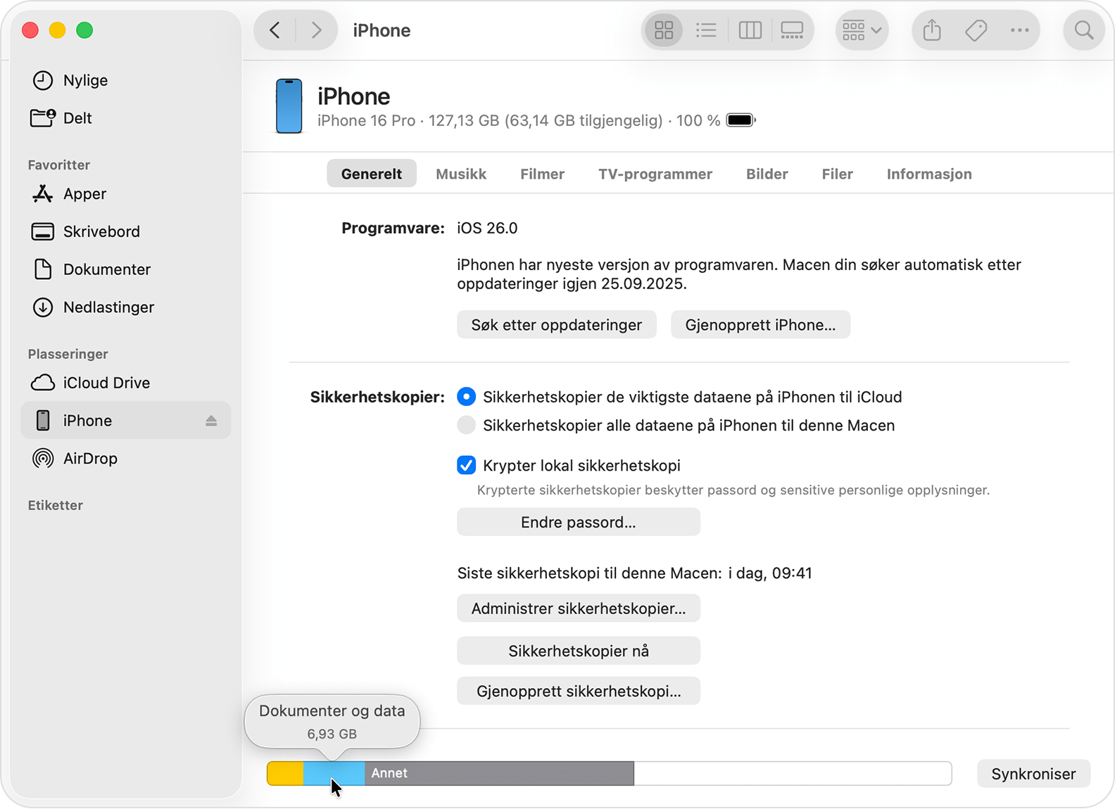 Markøren holdes over en lagringskategori i Finder.