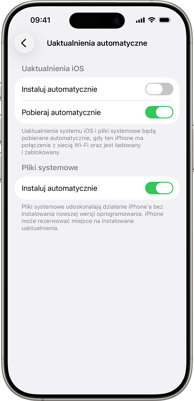 Ustawienia automatycznego instalowania i pobierania uaktualnień systemu iOS i plików systemowych.