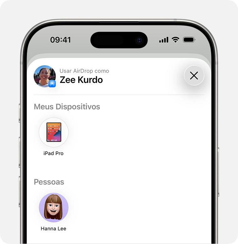 Tela do iPhone mostra dispositivos próximos que podem receber conteúdo via AirDrop, agrupados por Meus Dispositivos e Pessoas.