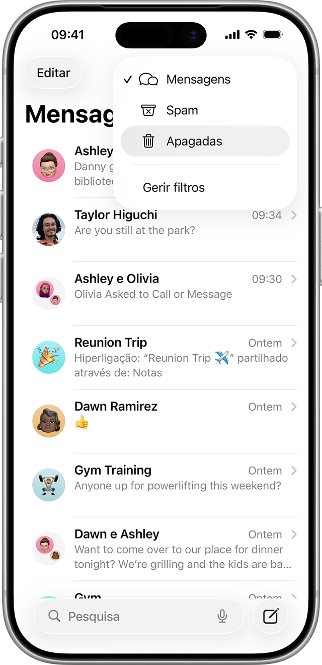 Na página de conversas na app Mensagens, toque em Editar para encontrar a opção que mostra as mensagens apagadas recentemente.