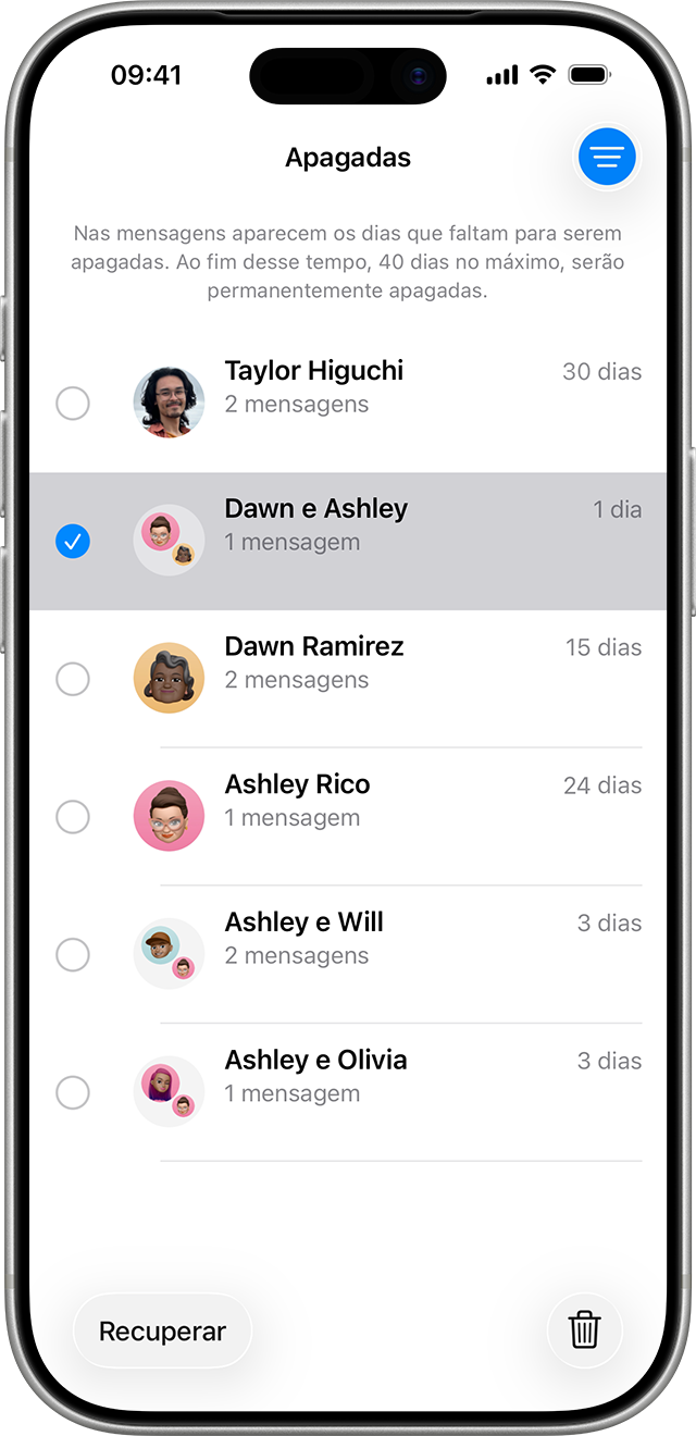 Na página Apagadas recentemente em Mensagens, toque na conversa que inclui as mensagens que pretende recuperar.