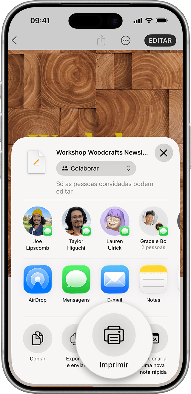 iPhone a mostrar a opção para tocar no botão Imprimir.