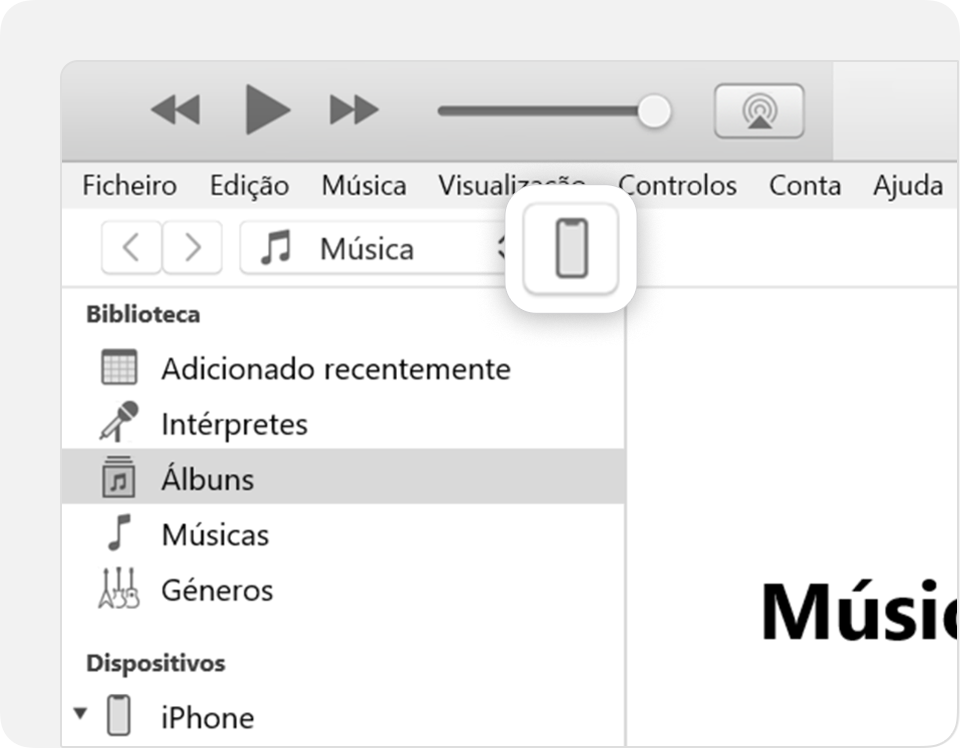 Um ícone do iPhone na barra de ferramentas do iTunes.