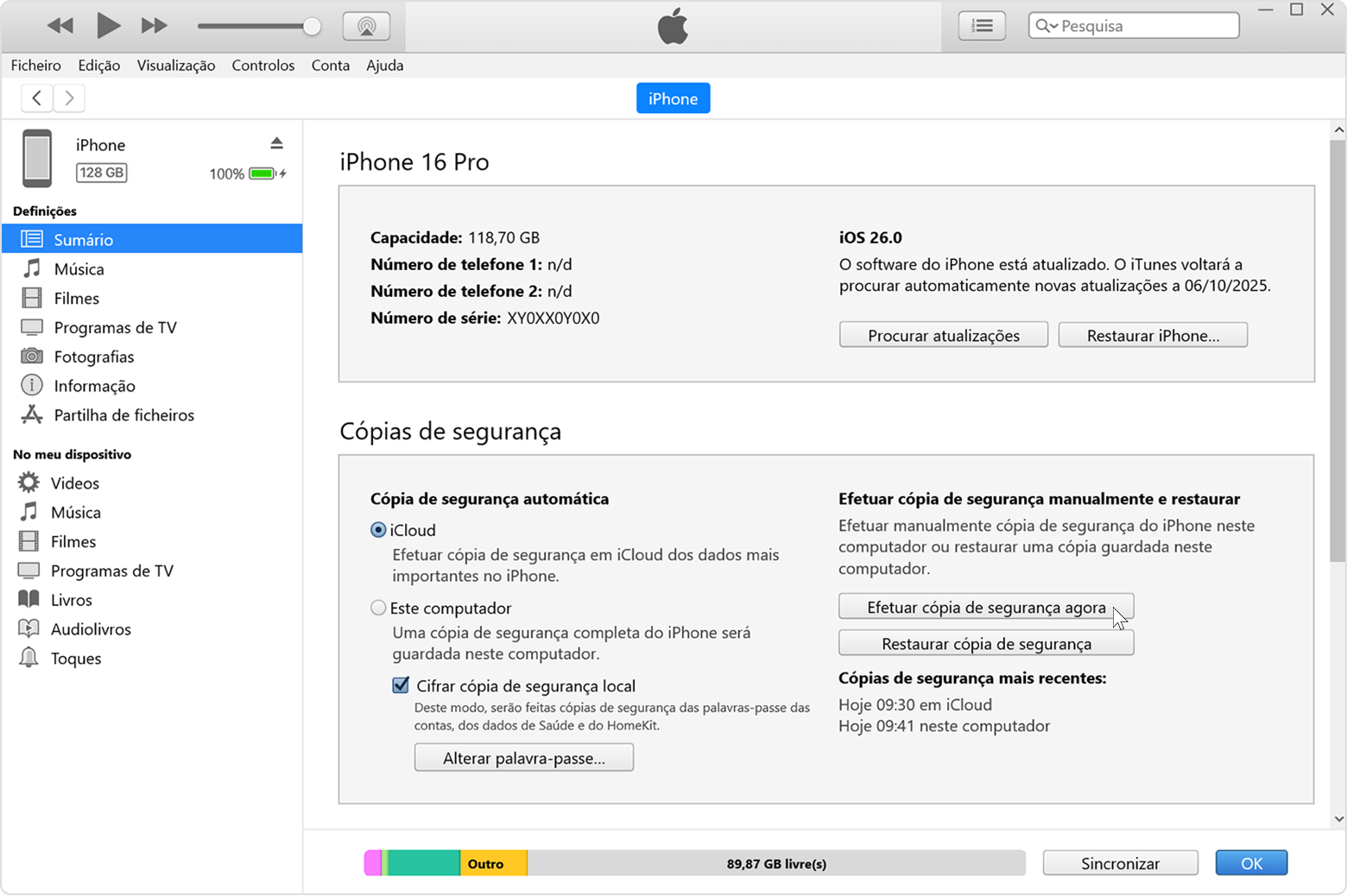Cursor a passar sobre o botão Efetuar cópia de segurança agora no iTunes para Windows.