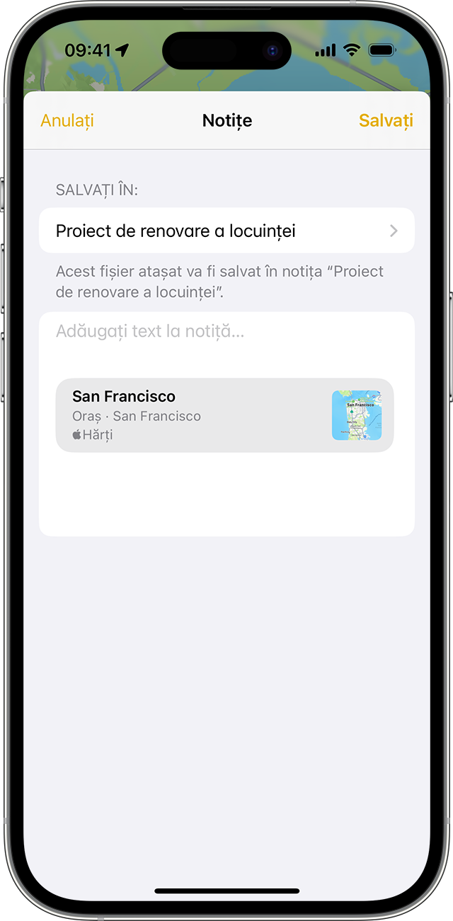 iPhone care afișează cum se adaugă un fișier atașat în aplicația Notițe.
